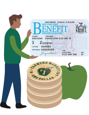 man holding benefits card with tokens and apple